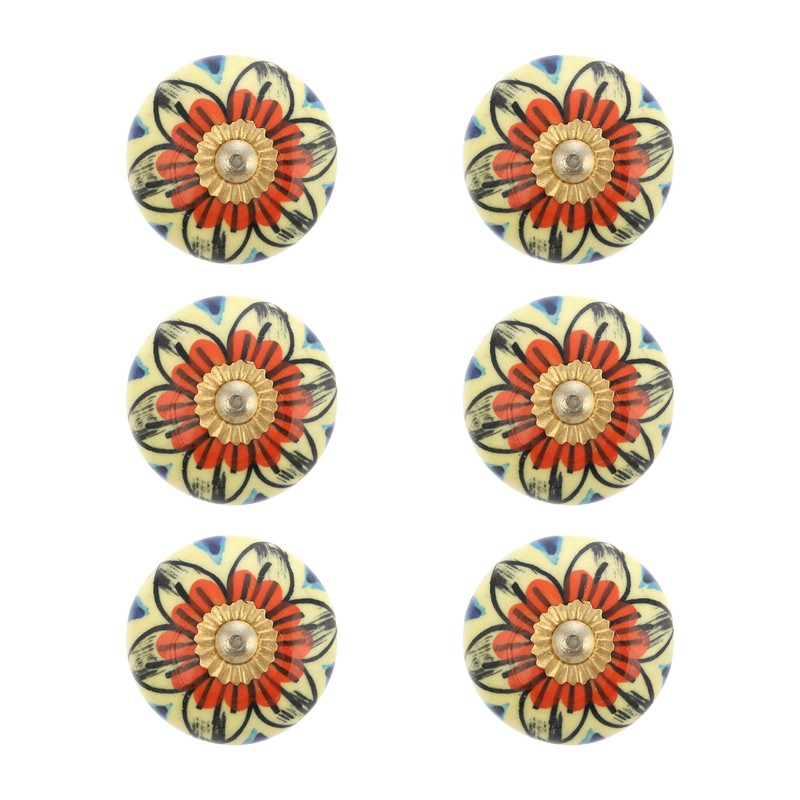 Rasiya Art Floral Ceramic Yellow Knobs Handles - Indian Handmade