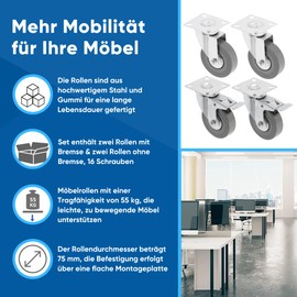 GTV - Furniture castors Greyroll castors set of 4 castors for furniture, 2 x castors with brake, 2 x without brake, made of steel and rubber, +16 PanHead screws 5 x 15/16, diameter: 75 mm, colour: