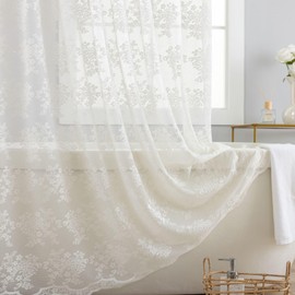 TUDECO Extra Long Shower Curtain 84 Length - Rustic Floral Lace Beige Shower Curtain for Bathroom, Scalloped Edges Natural 84 Inch Shower Curtain with Attached Valance, 72 x 84 Inch, Light Beige