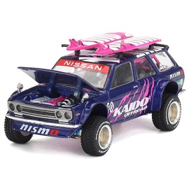 DCD Datsun Kaido 510 Wagon 4x4 RHD Purple Diecast Toy with Pink Graphics Surfboards Roof #90 'Kaido Offroad V2' Right Hand Drive