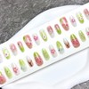 30Pcs Green Flower Press on Nails Medium Almond Fake Nails