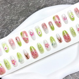 30Pcs Green Flower Press on Nails Medium Almond Fake Nails with 3D Diamond Pearl Charms Rhinestones Acrylic Nails Press ons False Nails Spring Summer Flowers Stick on Nails for Women Daily Wear