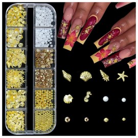 BBATT-HAPPY Summer Beach Nail Charms, Starfish Seashells Rhinestones Pearls Ocean Decoration for Acrylic Nails