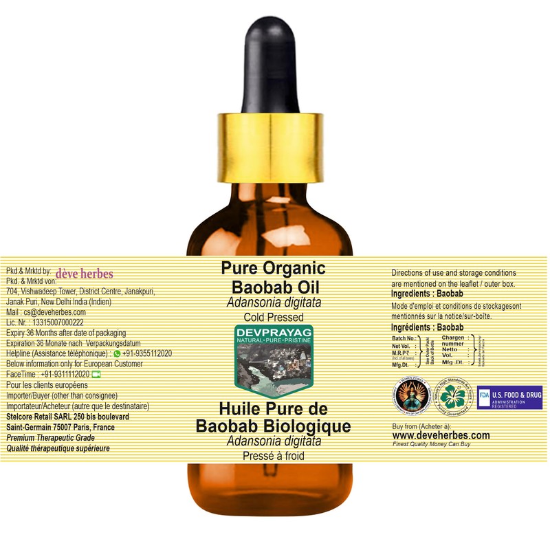 Devprayag Pure Organic Baobab Oil (Adansonia digitata) with Glass Dropper