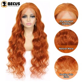 BECUS Ginger Orange Lace Front Wig Pre Plucked Ready to Wear 13x3 HD Glueless Body Wave Ginger Lace Front Wig for Women Natural Looking Synthetic Heat Resistant Fiber Ginger Wig