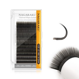 NAGARAKU Ellipse Flat Eyelash Extension with Double Tip Shape, Professional, Individual, Natural, Lightweight, Soft, Single Eyelashes, Split Tip, Flat Lash, Charcoal, 12 Rows (0.20 LD 8-12 mm)