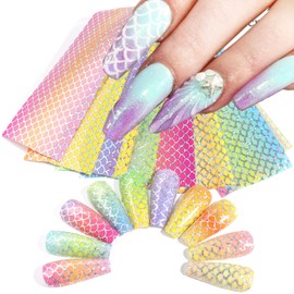 Holographic Nail Foil Transfer Stickers Decals, Fish Scales Nail Polish Sheets, Laser Line Mermaid Nail Art Designs Acrylic Nails Supplies for Nail Transfer Glue Polish, Bright Nail Film Decorations