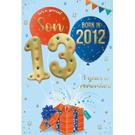 ICG 2025 Son 13th Birthday Card - Happy Birthday Year You Were Born Card with Born in 2012 Balloons and Present Design and Special Finishes - Birthday Cards for Boys