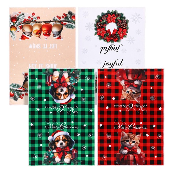 4pcs Christmas Kitchen Towels, Snowman Elk Dish Towels Plaid Holiday