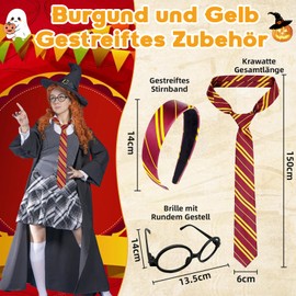 Xerteam Magic Costume Children's Adult Accessories, Striped Tie Headband Round Glasses, Wizard Cape Accessories, Fancy Dress Costume, Red and Yellow Hair Accessories for Carnival Party Cosplay Uniform