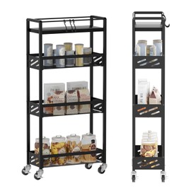 DGSNADGO Slim Rolling Storage Cart, 4-Tier Kitchen Cart on Wheels, Narrow Utility Cart with Handle and Wooden Tabletop for Small Space in Kitchen, Living Room, Bathroom, Laundry Room, Beige (Black)