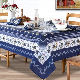 Home Bargains Plus Rectangle Fabric Tablecloth, 60 x 120 Inch, Blue Provence Rooster, Wrinkle, Water and Stain Resistant Country Provence Table Cloth, Farm