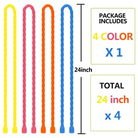 Dreamxiang 4Pcs 24-inch Silicone Cable Ties Reusable Steel-Core Silicone Twist Ties Colorful Cable Tie Straps for Bundling and Organizing, Bendable Holder Strap for Indoor and Out All Purpose, 4Colors