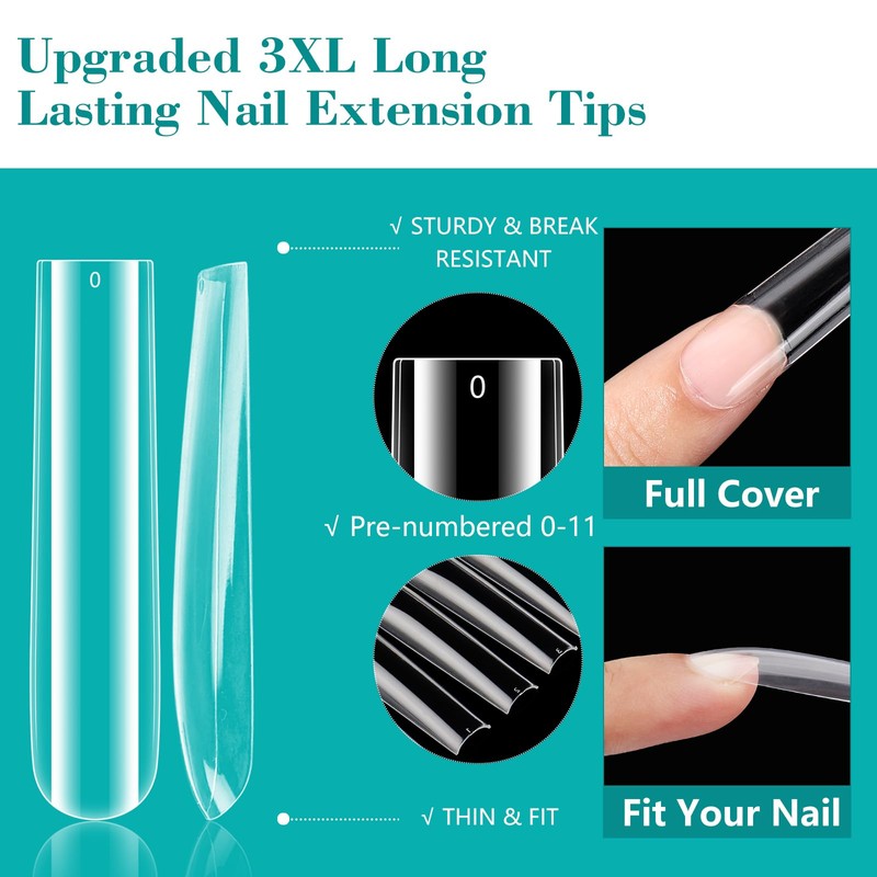 LIONVISON 3XL Clear Full Cover Nail Tips for Acrylic Nails