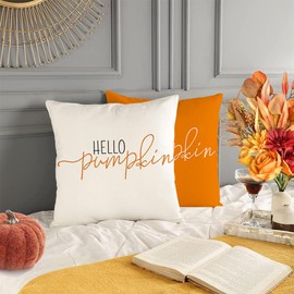 RABUSOFA Fall Decor Throw Pillow Covers,Autumn Decorative Cushion Covers, Orange Hello Pumpkin Decorative Pillowcases,Farmhouse Haoliday Decorations for Sofa Couch Outdoor White 18x18 Inch/45x45 cm