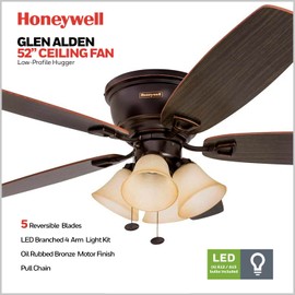 Honeywell Ceiling Fans Glen Alden, 52 Inch Classic Flush Mount Indoor LED Ceiling Fan with Light, Pull Chain, Quick-2-Hang Dual Finish Blades, Reversible Motor - 50183 (Oil Rubbed Bronze)