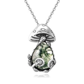 JERWLI Mushroom Necklace 925 Sterling Silver Mushroom Moss Agate Pendant Necklace Jewelry for Women