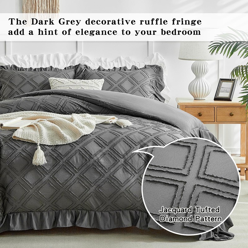 Tufted Ruffle Duvet Cover Set King Size, 3 Pieces Vintage