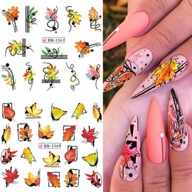 12pcs Autumn Nail Art Stickers - Maple Leaf Nail Accessories Fall Season Leaves Cartoon Cute Owls Hedgehog Animal Geometric Nail Water Decals Transfer Foils Manicure Thanksgiving Decoration Supplies