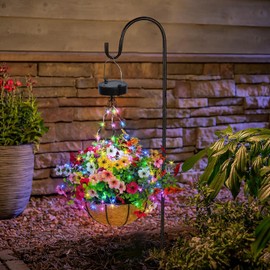 GOESWELL Hanging Artificial Flowers Basket for Outdoor: Fake Hanging Plant Basket with Solar Lights for Porch - 10 Inch Hanging Baskets with Daisy Pink Faux Flowers for Garden Patio Yard Outside