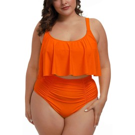 Pink Queen Women Plus Size Swimsuits Tummy Control Flounce Two Piece High Waisted Swimwear Bathing Suit Orange 2XL