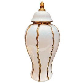 14" Ceramic Ginger jar vase electroplated Striped Pattern Gold Edged White Ginger jar Decorative vase with lid Suitable for Home, Office, Table, Living Room, Bookshelf (14in)
