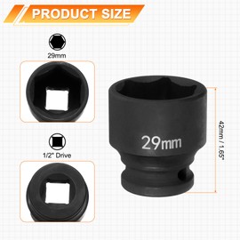 HARFINGTON 6 Point Impact Socket 29mm Metric Socket 1/2" Square Drive 1.65" (42mm) Long Phosphated Cr-Mo Steel Spindle Axle Hex Nut Sockets, Black