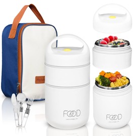 MYKOUR Insulated Lunch Box 680ml Stainless Steel Food Thermos 3 Compartments for 12h/Cold 24h Meal - Thermos Box for Hot Meals with Bag, Cutlery and Storage Pocket