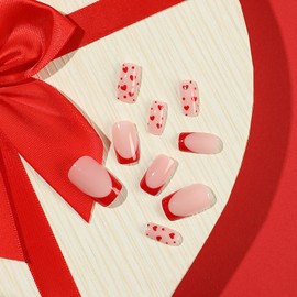 Press on Nails Medium Square Red Love Heart False Nails with Design Valentine's Day French Fake Nails Charm Acrylic Nails Full Cover Glossy Coffin Artificial Nails, Glue on Nails for Women 24Pcs
