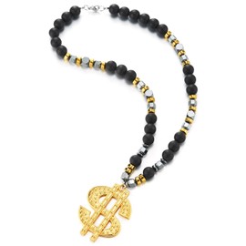 COOLSTEELANDBEYOND Hip Hop Dollar Sign Pendant Necklace for Men Black and Gold Beaded Chain with Bling Money Symbol