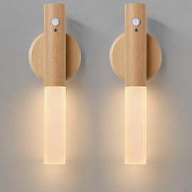 Montford Battery Operated Wall Sconces Set of Two, Wooden Motion Sensor Night Light Rechargeable Wall Sconce, LED Magnetic Battery Powered Wall Sconce,Peel and Stick Sconces Wall Lighting for Hallway