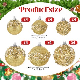 Poen 24 Pcs Glitter Christmas Ball Ornaments Set Multi Size Christmas Tree Ornaments Hanging Sequin Foam Christmas Balls Decoration for Xmas Tree Wreath Garland Christmas Home Decor (Gold)