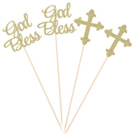 Pack of 10 Sparkly God Bless and Baptism Table Toppers for Christian Community Party Decorations Centerpiece Sticks - Gold