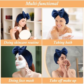 Face Wash Headband, Soft Spa Headband Makeup Headwear with Cute Bow Elastic Hairband for Skincare Facial Mask Showers (Deep Blue, One size)