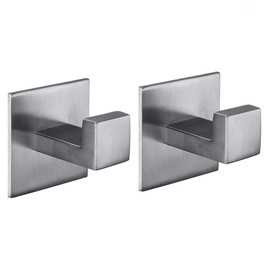 Flybath Coat Hook SUS 304 Stainless Steel Square Towel Robe Hooks Wall Mounted Self Adhesive (No Drilling), Brushed Finish - 2 Pack
