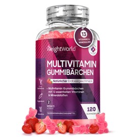 WeightWorld Multivitamin Gummibärchen - 120 Gummies mit 13 Vitaminen & Mineralstoffen - Für Erwachsene mit Jod, Vitamin C, A, D3, E, B9,B5, Biotin, Zink - Natürliche Zutaten & Mit Erdbeergeschmack - WeightWorld