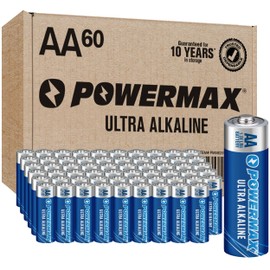 Powermax 60-Count AA Batteries, Ultra Long Lasting Alkaline Battery, 10-Year Shelf Life, Reclosable Packaging