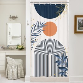 Mitpok Small Stall Boho Shower Curtain 36Wx72H Navy Blue Modern Bohemian Mid Century Gold Leaves Orange Minimalist Geometric Bathroom Decor Half Narrow Bath Curtain Fabric Polyester 7 Pack Hooks