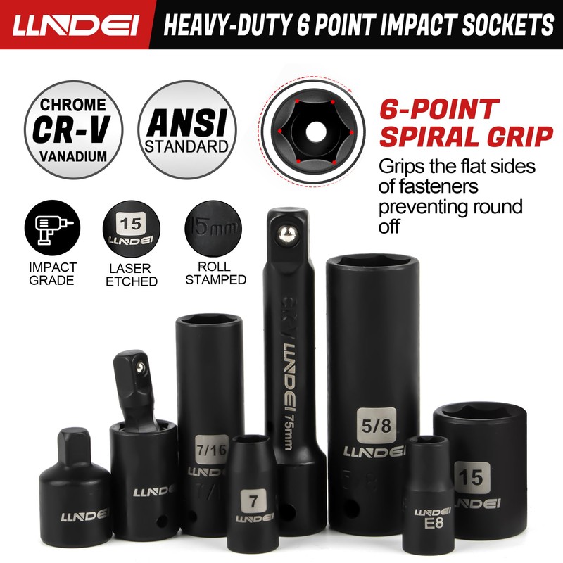 LLNDEI 1/4 & 3/8 Inch Drive Impact Socket Set, 186