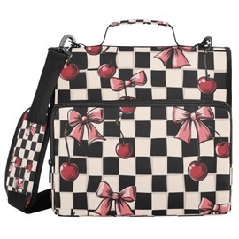 Blueangle Cherry Bow Plaid Zipper Binder, 1.5-Inch 3-Ring Binder Bag Holds 500 Pages, Multi-Pocket Zipper Organizer with Adjustable Strap & Handle