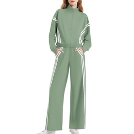 Casly Lamiit Women's 2 Piece Track Outfits Lounge Sweat Set Spring Tracksuits Casual Stripe Long Sleeve Sweatshirt Jogging Pants Athletic Suits Pea Green XL