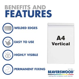 Beaverswood Industrial Strength Clear Pocket - Magnetic Document Holder, Magnetic Display Board - H.220 x W.310mm - A4 Vertical - Pack of 10
