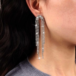 Cimenexe Bohemian Crystal Tennis Chain Earrings Dangle Silver CZ Tassel Drop Earrings Long Tennis Chain Earrings Minimalist Rhinestone Chain Earrings Jewellery for Women and Girls, Zinc, No Gemstone