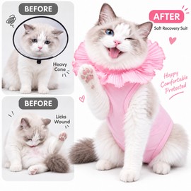 Cat Recovery Suit After Surgery, Anti-Lick Cat Onesie with Soft Ruffle Collar, Post-Operative Recovery Clothes for Spay Recovery, Sterilization Recovery Wear for Cats, Pink, S/M/L