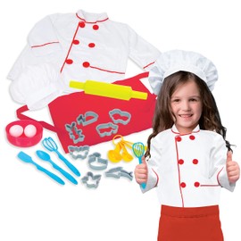Chef Costume for Kids Ages 3-6 | 21-Piece Kids' Dress Up & Pretend Play Set Includes Jacket, Hat, Apron, Bowl, 2 Eggs, Utensils, Cookie Cutters