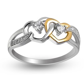 Together Promise Ring for Women by Ginger Lyne | Double Hearts Two Tone Gold over 925 Sterling Silver Engagement Ring for Her | Cubic Zirconia Bridal Jewelry for Girlfriend or Wife