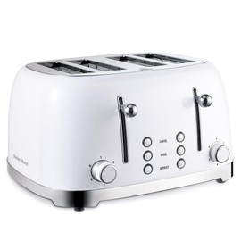 Roter Mond 4 Slice Toaster Retro Stainless Steel with Bagel Defrost Cancel Function, 6 Browning Settings, Extre Wide Slot and Removable Crumb Tray, White, ST033