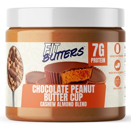 Fit Butters Chocolate Peanut Butter Cup Cashew Almond Butter Spread, Added Protein and Coconut Oil, Low Carb, Low Sugar, Gluten Free, Complete Protein Dessert Flavored Nut Butter