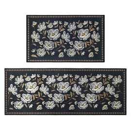 Floral Kitchen Rugs and Mats Set of 2,Rustic Vintage White Flower Kitchen Mat for Floor Non Slip Washable,Farmhouse Plant Runner Rugs with Rubber Backing for Kitchen Mat Doormat Decor 17x30+17x47 Inch