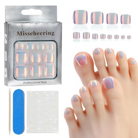Lifextol 24PC Chrome Press on Toenails for Women Fake Toe Presson Nails Toe Nail Press ons with Sticky Tabs, 12 Size Fake Toenails Stick ons Acrylic Toes Nail Tips Kit Chrome Stick on Toes Nails-C